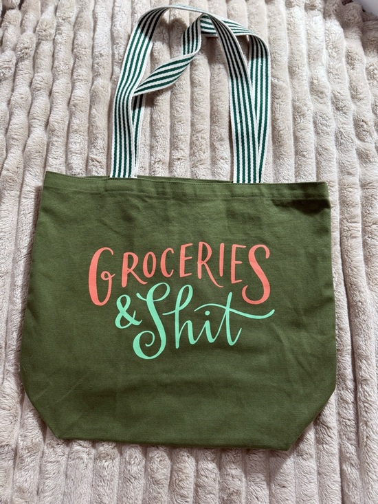 Handbags - Groceries & Shit Olive Canvas Tote with Striped Handles